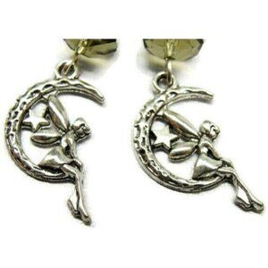 Fairy Swing Moon Bead Silver Tone Vertical Drop Dangle Hook Earrings Womans